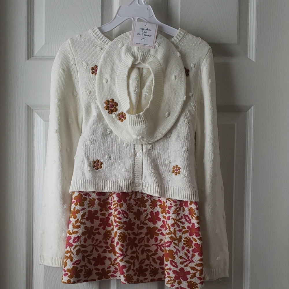 White Floral Kids Sweater and Dress Set